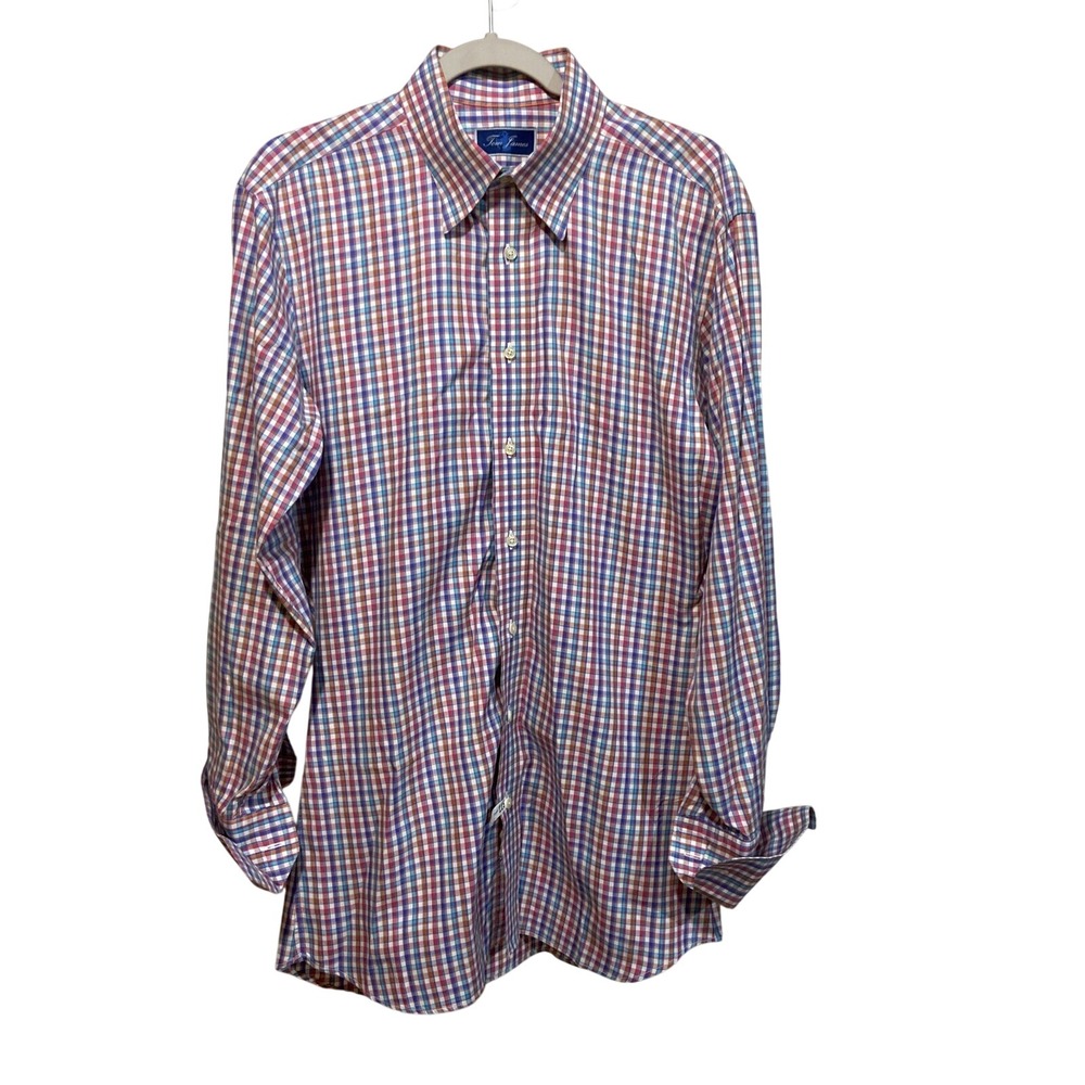 Tom James Mens Bespoke Plaid Button Down Shirt French Cuff Hidden Collar Luxury